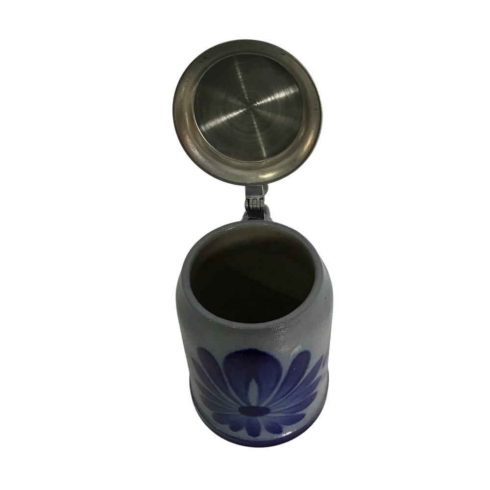 Stein-Mug Stoneware Vintage‎ Primitive Inspired Blue Floral With Lid Beer Stein - Picture 8 of 9